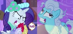 Size: 550x253 | Tagged: safe, screencap, rarity, screw loose, a canterlot wedding, g4, read it and weep, comparison, duo, duo female, faic, female, hub logo, insanity, mare, rarisnap, rarity is best facemaker