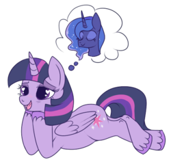 Size: 474x443 | Tagged: safe, artist:lulubell, princess luna, twilight sparkle, alicorn, pony, g4, blush lines, blushing, closed mouth, colored hooves, crossed legs, daydream, eyes closed, eyeshadow, female, head in hooves, imagining, lesbian, lidded eyes, lying down, makeup, mare, missing accessory, open mouth, prone, ship:twiluna, shipping, simple background, smiling, thought bubble, transparent background, twilight sparkle (alicorn), unshorn fetlocks