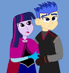 Size: 1000x1058 | Tagged: safe, artist:youngmacintoshlassie, flash sentry, twilight sparkle, equestria girls, g4, 1000 hours in ms paint, anna, cosplay, disney, female, frozen (movie), kristoff, male, ms paint, ship:flashlight, shipping, straight