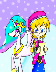 Size: 853x1091 | Tagged: safe, artist:rise-of-majora, princess celestia, g4, anna, crossover, disney, frozen (movie), snow, snowfall