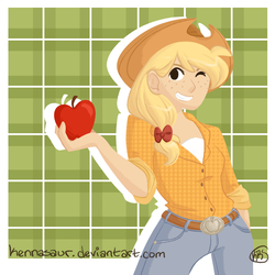 Size: 900x900 | Tagged: safe, artist:kennasaur, applejack, human, g4, apple, female, humanized, light skin, obligatory apple, solo