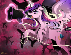 Size: 2000x1550 | Tagged: safe, artist:daughter-of-fantasy, princess cadance, alicorn, pony, g4, female, love is war, magic, mare, megaphone, plane, solo, telekinesis, vocaloid