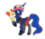 Size: 1552x1329 | Tagged: safe, artist:ardonsword, princess luna, alicorn, fennekin, pony, g4, clothes, cosplay, costume, crossover, female, mare, pokémon, serena (pokémon), simple background, skirt, transparent background