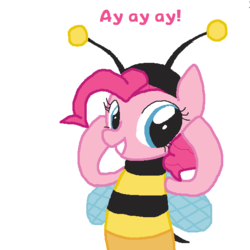 Size: 542x541 | Tagged: safe, artist:auraion, pinkie pie, bee, bumblebee, earth pony, pony, g4, bipedal, bumblebee man, clothes, costume, cute, diapinkes, female, grin, looking at you, male, mare, simple background, smiling, solo, the simpsons, white background