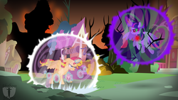 Size: 5760x3240 | Tagged: safe, artist:theshadowstone, sunset shimmer, twilight sparkle, alicorn, pony, g4, absurd resolution, alicorn amulet, alicornified, alternate universe, colored horn, corrupted, corrupted twilight sparkle, curved horn, dark magic, element of generosity, element of honesty, element of kindness, element of laughter, element of loyalty, element of magic, elements of harmony, fight, hilarious in hindsight, horn, magic, race swap, role reversal, shimmercorn, sombra eyes, sombra horn, twilight sparkle (alicorn), tyrant sparkle, vector, wallpaper