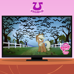 Size: 720x720 | Tagged: safe, applejack, bat, bats!, g4, official, cloud, cloudy, female, fence, frown, grass, leaves, looking up, my little pony logo, path, road, sky, solo, standing, tree, worried