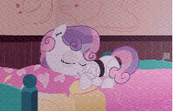 Size: 900x579 | Tagged: safe, artist:pageturner1988, sweetie belle, pony, robot, unicorn, g4, animated, bed, breathing, charging, cute, diasweetes, eyes closed, female, filly, foal, gif, hooves, horn, lying down, open mouth, pillow, sleeping, solo, sweetie bot