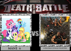 Size: 900x643 | Tagged: safe, applejack, fluttershy, pinkie pie, rainbow dash, rarity, twilight sparkle, human, g4, catachan jungle fighters, death battle, imperial guard, mane six, meme, random, warhammer (game), warhammer 40k