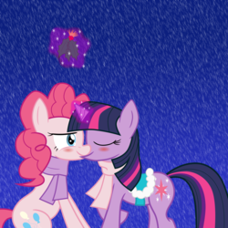Size: 6000x6000 | Tagged: safe, artist:verappp, pinkie pie, twilight sparkle, earth pony, pony, unicorn, g4, absurd resolution, christmas, clothes, duo, female, holly, holly mistaken for mistletoe, kiss on the lips, kissing, lesbian, mare, saddle, scarf, ship:twinkie, shipping, unicorn twilight