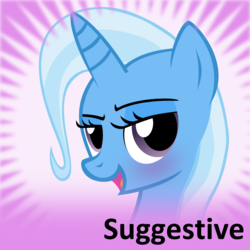 Size: 250x250 | Tagged: safe, trixie, pony, unicorn, derpibooru, bedroom eyes, blushing, bust, female, looking at you, mare, meta, meta:suggestive, official spoiler image, open mouth, open smile, smiling, smiling at you, solo, spoilered image joke
