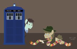 Size: 1119x714 | Tagged: safe, artist:sasukex125, clothes, david tennant, doctor who, fourth doctor, pointy ponies, scarf, tardis, tenth doctor, tom baker