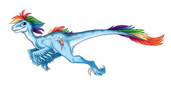 Size: 1280x709 | Tagged: safe, artist:briannacherrygarcia, rainbow dash, dinosaur, velociraptor, g4, badass, dinosaurified, feather, female, looking back, rainbow feathers, running, simple background, smiling, smirk, solo, species swap, velocirainbow, watermark, white background