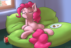 Size: 1644x1119 | Tagged: safe, artist:draneas, pinkie pie, g4, after party, atryl-ish, beanbag chair, belly, bloated, christmas, cookie, featureless crotch, female, food, food baby, food coma, messy, no neck, round belly, sleeping, solo, stuffed belly