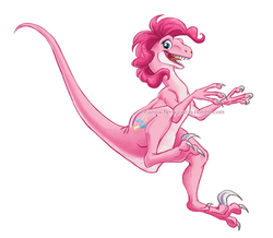 Size: 862x750 | Tagged: safe, artist:briannacherrygarcia, pinkie pie, dinosaur, velociraptor, g4, dinosaurified, female, obtrusive watermark, open mouth, prehistoric, simple background, smiling, solo, species swap, tumblr, watermark, white background