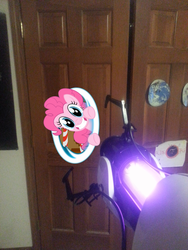 Size: 2448x3264 | Tagged: safe, pinkie pie, g4, door, female, grin, looking at you, portal, portal (valve), portal gun, smiling, solo