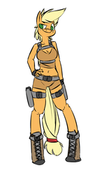 Size: 496x848 | Tagged: safe, artist:cider, applejack, earth pony, anthro, unguligrade anthro, g4, belly button, cosplay, female, holster, lara croft, midriff, simple background, solo