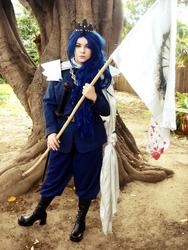 Size: 2448x3264 | Tagged: safe, artist:diaryofadoll, artist:johnjoseco, princess luna, human, g4, blood, boots, c4con, clothes, cosplay, flag, irl, irl human, lunar republic, military uniform, photo, solo, uniform, warrior luna, weapon