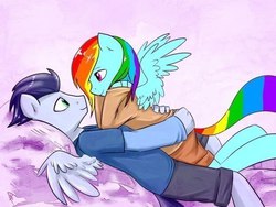 Size: 604x453 | Tagged: source needed, safe, artist:maccoffee, rainbow dash, soarin', anthro, g4, female, male, recolor, ship:soarindash, shipping, straight