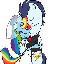 Size: 604x596 | Tagged: artist needed, source needed, safe, rainbow dash, soarin', pony, g4, bipedal, clothes, dress, female, male, marriage, ship:soarindash, shipping, straight, suit, wedding dress