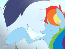 Size: 1024x768 | Tagged: safe, artist:swomswom, edit, rainbow dash, soarin', g4, female, kissing, male, recolor, ship:soarindash, shipping, straight