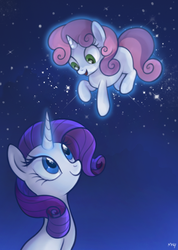 Size: 462x648 | Tagged: safe, artist:mn27, rarity, sweetie belle, pony, unicorn, g4, belle sisters, cute, diasweetes, female, filly, foal, levitation, night, raribetes, siblings, sisters, stars