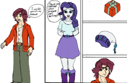 Size: 1799x1179 | Tagged: safe, artist:kurobisu, normal norman, rarity, equestria girls, g4, background human, beanie, box, colored, comic, dialogue, hat, present, speech bubble, unamused