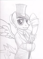 Size: 763x1048 | Tagged: safe, artist:drawponies, oc, oc only, pegasus, pony, clothes, hat, male, monochrome, solo, stallion, top hat, traditional art, twilight scepter