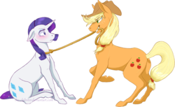 Size: 1146x702 | Tagged: safe, artist:the-chibster, applejack, rarity, g4, female, leash, lesbian, rope, ship:rarijack, shipping