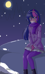 Size: 1542x2500 | Tagged: dead source, safe, artist:applestems, twilight sparkle, human, g4, blushing, clothes, coat, female, humanized, light skin, moon, night, scarf, snow, snowfall, solo