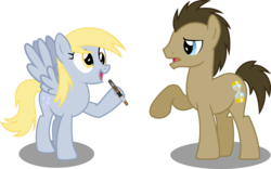 Size: 4955x3096 | Tagged: safe, artist:vector-brony, derpy hooves, doctor whooves, time turner, earth pony, pegasus, pony, doctor whooves and assistant, g4, doctor who, duo, female, hoof hold, mare, simple background, sonic screwdriver, the doctor, transparent background, vector