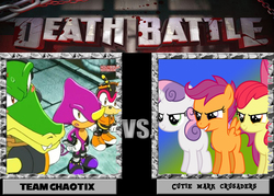 Size: 1008x720 | Tagged: safe, apple bloom, scootaloo, sweetie belle, g4, charmy bee, cutie mark crusaders, death battle, espio the chameleon, exploitable meme, female, filly, foal, male, meme, sonic the hedgehog, sonic the hedgehog (series), sonic x, team chaotix, vector the crocodile