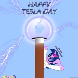 Size: 894x894 | Tagged: dead source, safe, artist:navitaserussirus, applejack, fluttershy, pinkie pie, rainbow dash, rarity, twilight sparkle, g4, clothes, hiding, lab coat, mad scientist, mane six, nikola tesla, scared, shrunken pupils, tesla coil, tesla day, vector, wide eyes