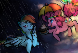 Size: 1280x864 | Tagged: safe, artist:bearbun, pinkie pie, rainbow dash, g4, balloon, cloud, cloudy, cupcake, flying, hat, rain, umbrella hat
