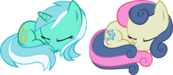 Size: 1354x590 | Tagged: safe, artist:doctor-g, bon bon, lyra heartstrings, sweetie drops, g4, curled up, cute, simple background, sleeping, transparent background, vector
