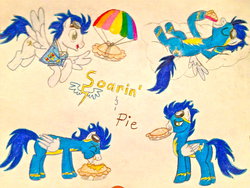 Size: 1280x960 | Tagged: safe, artist:bravokrofski, soarin', g4, eating, flying, hoof hold, mouth hold, pie, that pony sure does love pies, traditional art, wonderbolts uniform