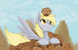 Size: 1280x827 | Tagged: safe, artist:zokkili, derpy hooves, pegasus, pony, g4, cute, female, mare, muffin, on head, smiling, solo, that pony sure does love muffins
