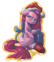 Size: 1500x1700 | Tagged: safe, artist:mrs1989, pinkie pie, g4, clothes, female, hat, korean, looking at you, pinkamena diane pie, pouting, present, santa hat, socks, solo