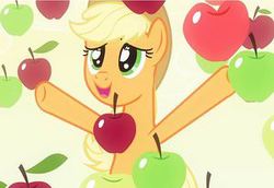 Size: 300x206 | Tagged: safe, screencap, applejack, earth pony, pony, bats!, g4, apple, apple eyes, apple rain, cropped, female, food, happy, mare, picture for breezies, smiling, solo, that pony sure does love apples, wingding eyes