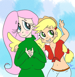 Size: 970x1000 | Tagged: safe, artist:hungoverpony, applejack, fluttershy, human, g4, belly button, breasts, busty fluttershy, clothes, drawthread, female, front knot midriff, humanized, light skin, midriff, sweater, sweatershy