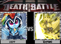 Size: 1008x720 | Tagged: safe, rainbow dash, zapp, zapdos, g4, death battle, electricity, exploitable meme, meme, pokémon, storm