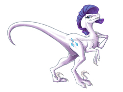 Size: 1067x800 | Tagged: safe, artist:briannacherrygarcia, rarity, dinosaur, velociraptor, g4, dinosaurified, female, looking back, simple background, smiling, solo, species swap, velocirarity, watermark, white background