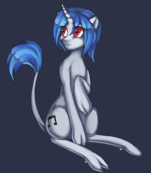 Size: 600x689 | Tagged: dead source, safe, artist:misukitty, dj pon-3, vinyl scratch, classical unicorn, g4, cloven hooves, female, horn, leonine tail, solo