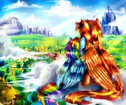 Size: 3000x2500 | Tagged: safe, artist:aquagalaxy, rainbow dash, oc, oc:tech talk, g4, cloud, cloudy, ponyville, scenery