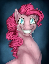 Size: 750x971 | Tagged: safe, artist:danjiisthmus, pinkie pie, earth pony, pony, smile hd, g4, abstract background, bust, crying, female, mare, smiling, solo