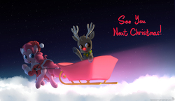 Size: 1280x735 | Tagged: safe, artist:frankier77, pinkie pie, g4, christmas, clothes, duo, hat, holiday, rudolph the red nosed reindeer, santa costume, santa hat, sleigh