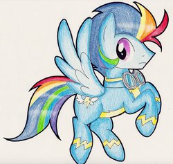 Size: 1024x970 | Tagged: safe, artist:rainbowflamecharge47, oc, oc only, oc:rainbow flash, not rainbow dash, offspring, parent:rainbow dash, parent:soarin', parents:soarindash, solo, traditional art, wonderbolts uniform