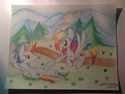 Size: 1024x769 | Tagged: safe, artist:rainbowflamecharge47, oc, oc only, oc:rainbow flash, oc:rainbow splatter, pegasus, pony, brother and sister, flying, not rainbow dash, offspring, on back, parent:rainbow dash, parent:soarin', parents:soarindash, traditional art