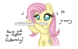 Size: 1135x717 | Tagged: safe, artist:ophdesigner, fluttershy, pony, g4, dialogue, drawthread, female, flute, mare, music notes, musical instrument, simple background, solo, white background