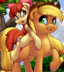 Size: 1600x1800 | Tagged: safe, artist:phurie, apple bloom, applejack, earth pony, pony, g4, adorabloom, apple, apple bloom riding applejack, apple sisters, apple tree, applejack's hat, bonding, bow, cowboy hat, cute, duo, female, filly, food, freckles, hair bow, happy, hat, jackabetes, looking at each other, mare, open mouth, ponies riding ponies, riding, siblings, sisters, smiling, tree