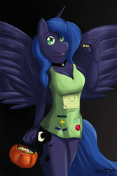 Size: 668x1000 | Tagged: safe, artist:sikdrift, princess luna, alicorn, anthro, g4, adventure time, bmo, breasts, cleavage, clothes, dress, female, halloween, male, pumpkin bucket, short dress, solo